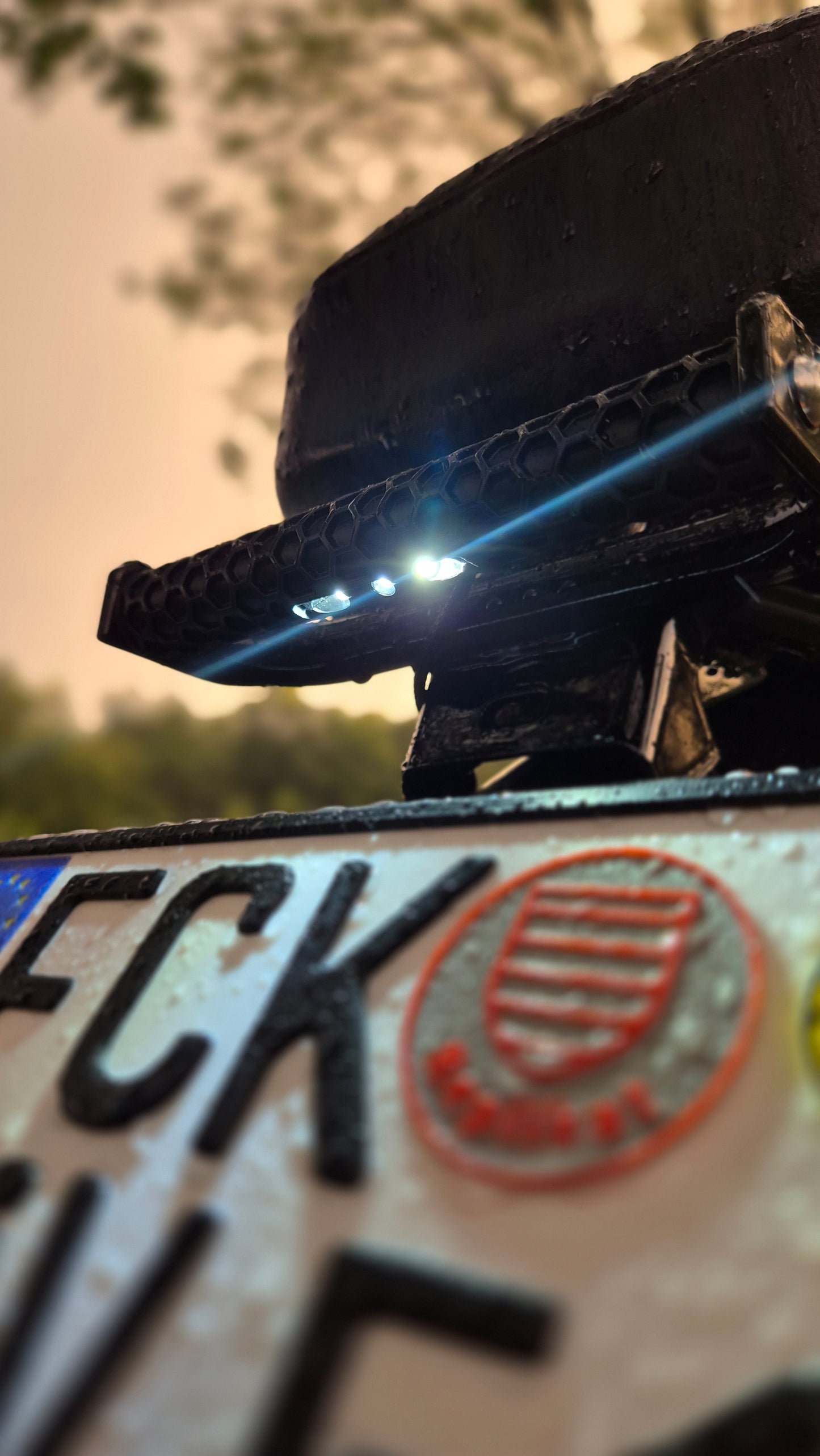 Aufbockstrebe mit Kennzeichenbeleuchtung, Waben Optik, 12V LED